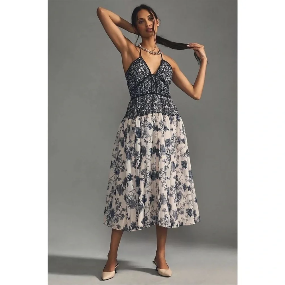 anthropologie halter dresses Anthropologie Dress Large Womens Yellow Maxi Halter Neck Gold Chiffon Belted main image 0